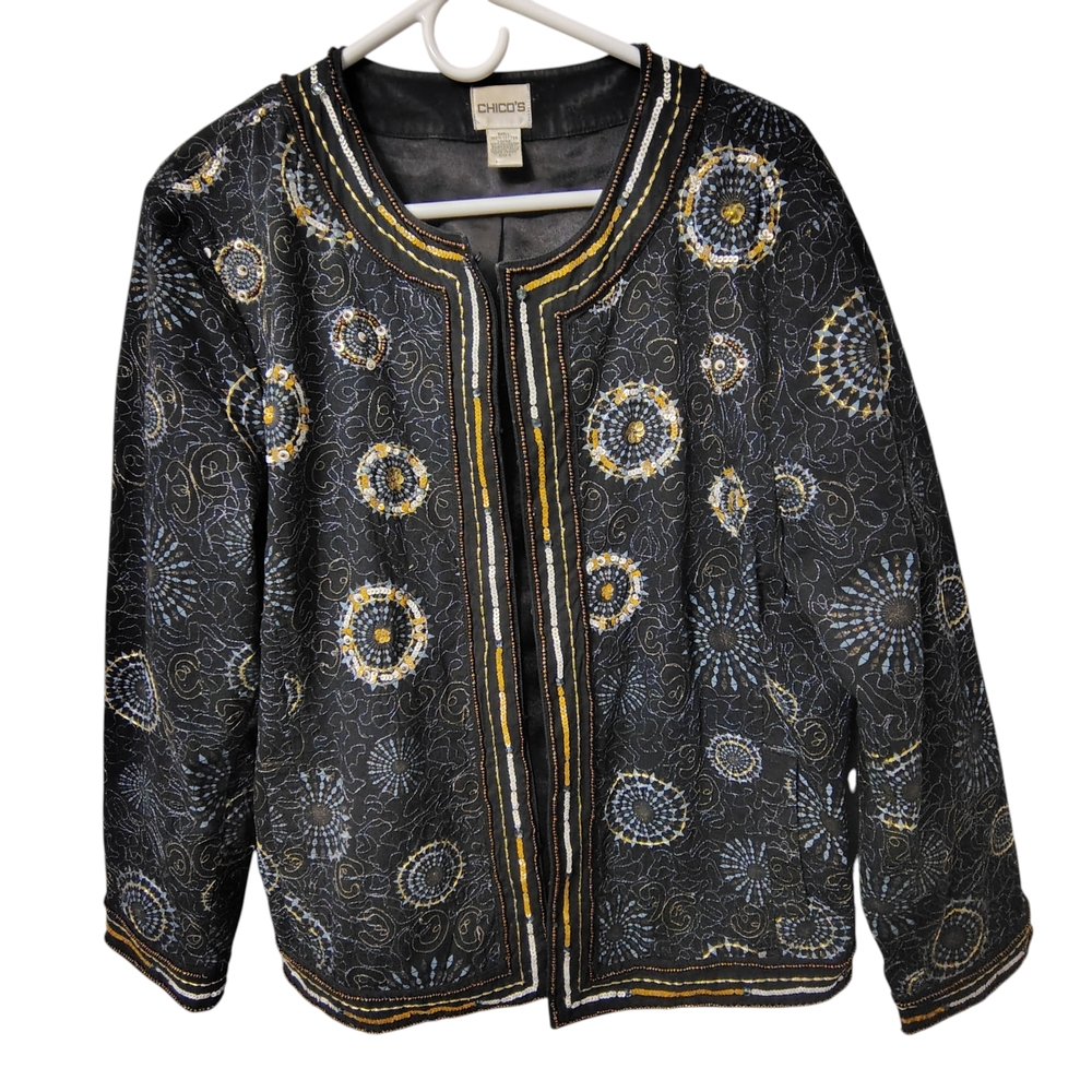 Chico's Women's Size XL Open Front Jacket Blazer Embroidered